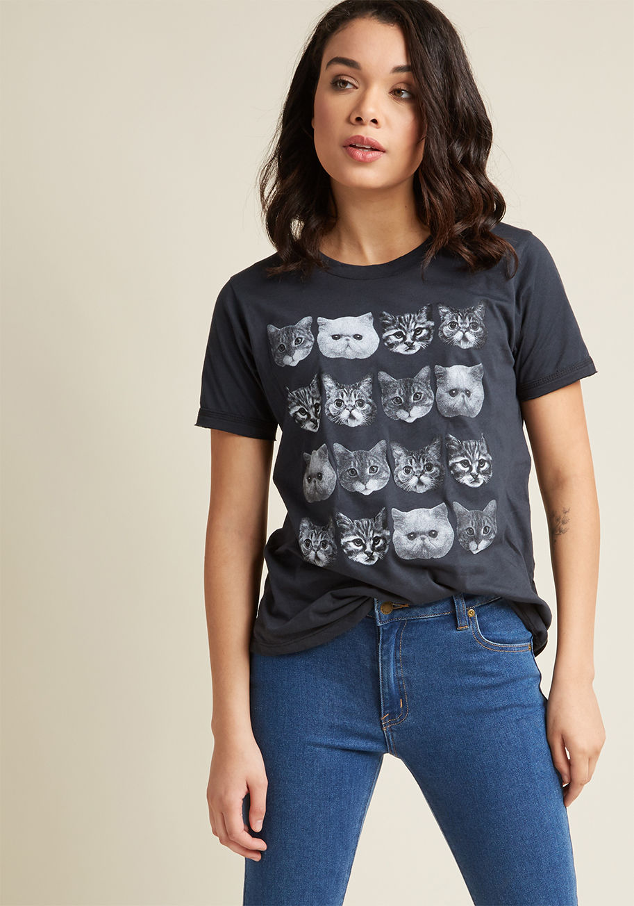 PPC-CATS1 - Even the most orderly wardrobes will benefit from the addition of this grey graphic tee! Printed with a collection cute kitty faces galore, this USA-made T-shirt is one you'll wanna get your paws on ASAP.