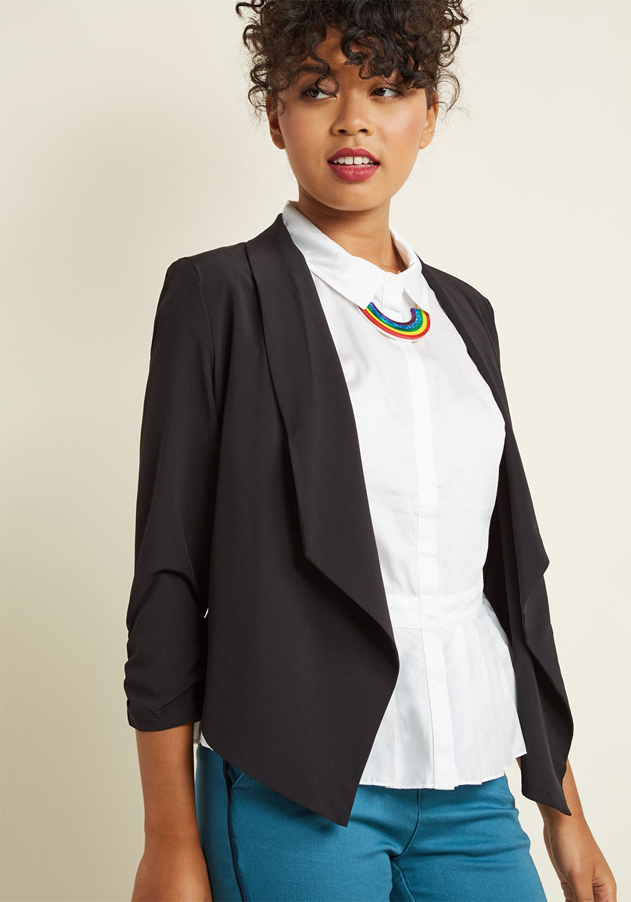 PTA7440 - In this black jacket, you look fittingly lively for planning events, designing campaigns, and beyond. The ruched sleeves, open front, and pointed hem of this sheer layer inspire you to lead brainstorm sessions and conference calls with as much ingenuity a