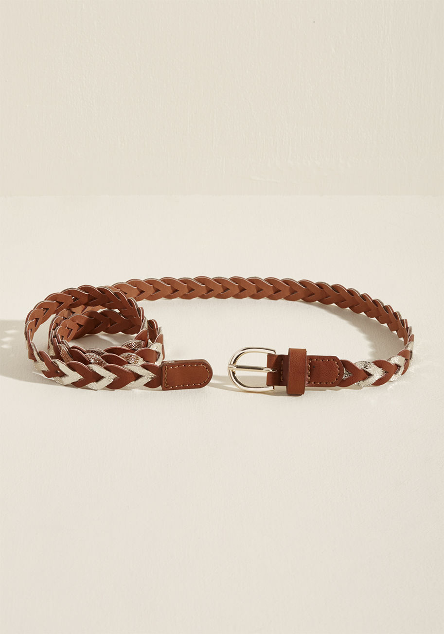 QSP-21393 - For some, it may seem as though this brown belt only serves one purpose. However, you know that the metallic silver accents of this braided accessory touts multiple functions - providing unexpected ensemble sparkle, highlighting your figure, and most impo