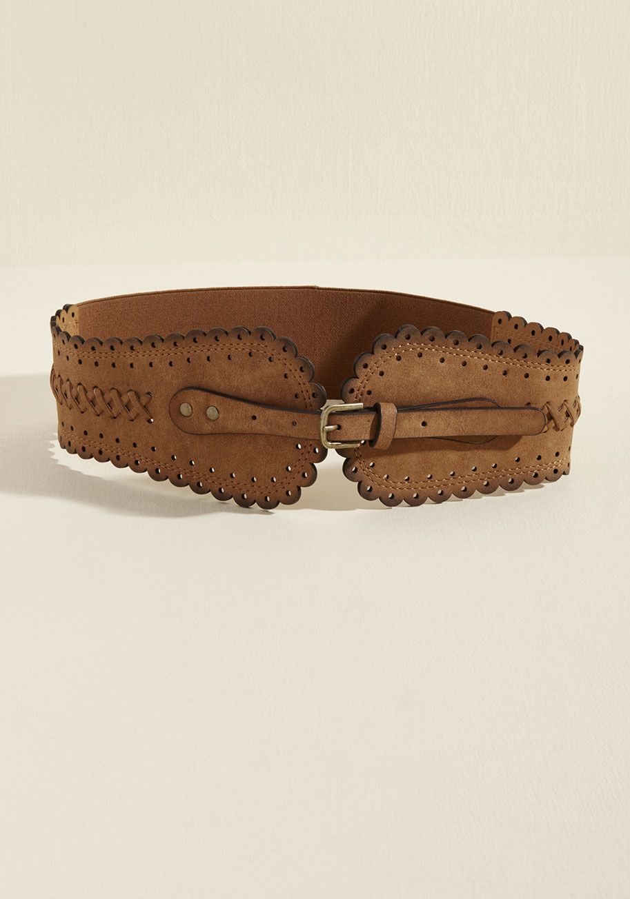 QSP-65228-B - Let others understand the intricacies of your style process through this brown belt! Darkened around the scalloped edges, accented with perforations, and whipstitched on either side of its buckled tab, this faux-leather piece helps everyone see you're the