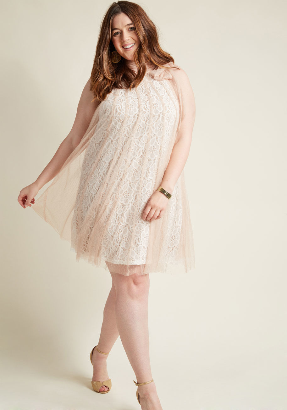 RDA3429-F13 - The time and place have been chosen - now it&rsquo;s up to you to find a party outfit! You happily decide on this romantic shift dress by Ryu, which features a whimsical, beige mesh overlay, white lace underlay, and halter-style, sash-secured neckline.