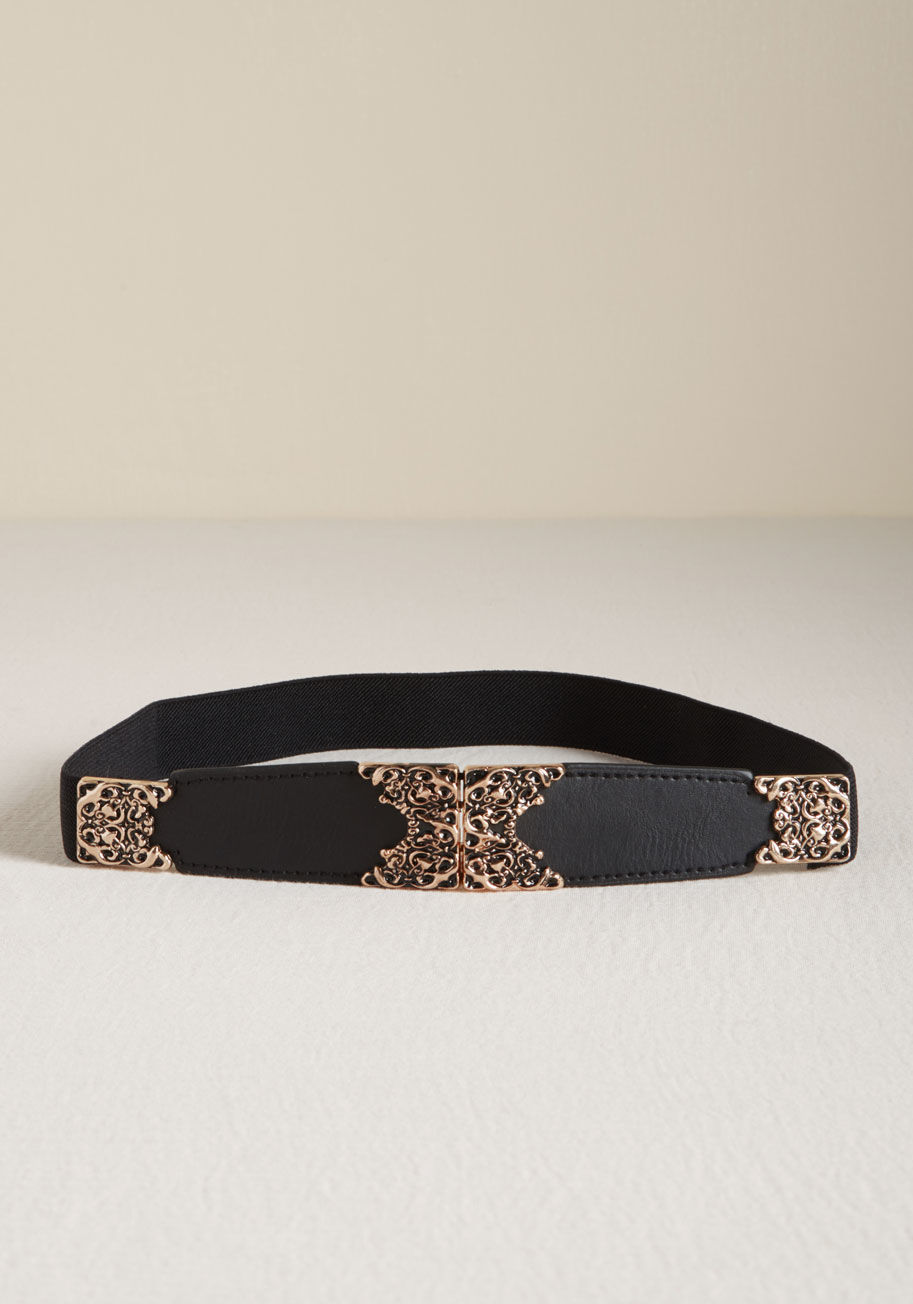 SBE 53740 black - With the addition of this black belt, taking your look to the next level is a cinch - literally! Highlighting your figure and infusing your look with a little somethin' special by way of gold filigree detailing, this sophisticated accessory is all about a