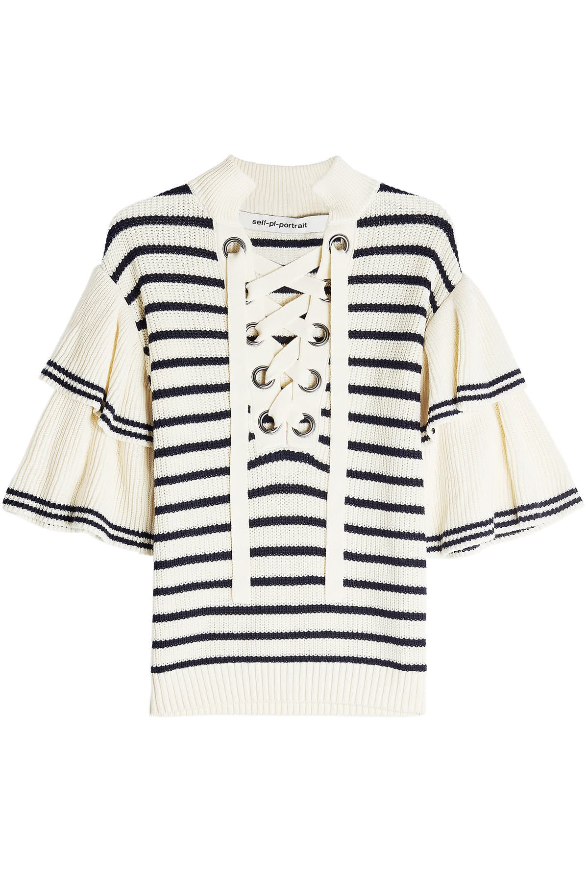 Self-Portrait - Striped Cotton Ruffle Sweater