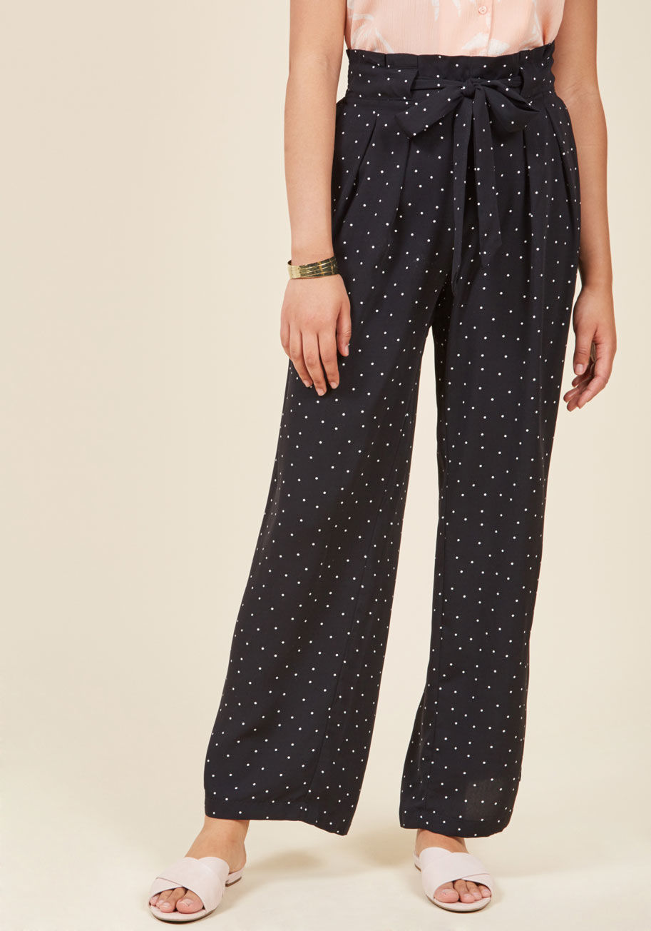 Sj4013 - We'd put our money on these black pants as being the party's most popular conversation-starter! Dappled with petite white dots, affixed with a front waist tie, and detailed with accent pleats, these pull-on bottoms wow with their wide legs and wonderful v