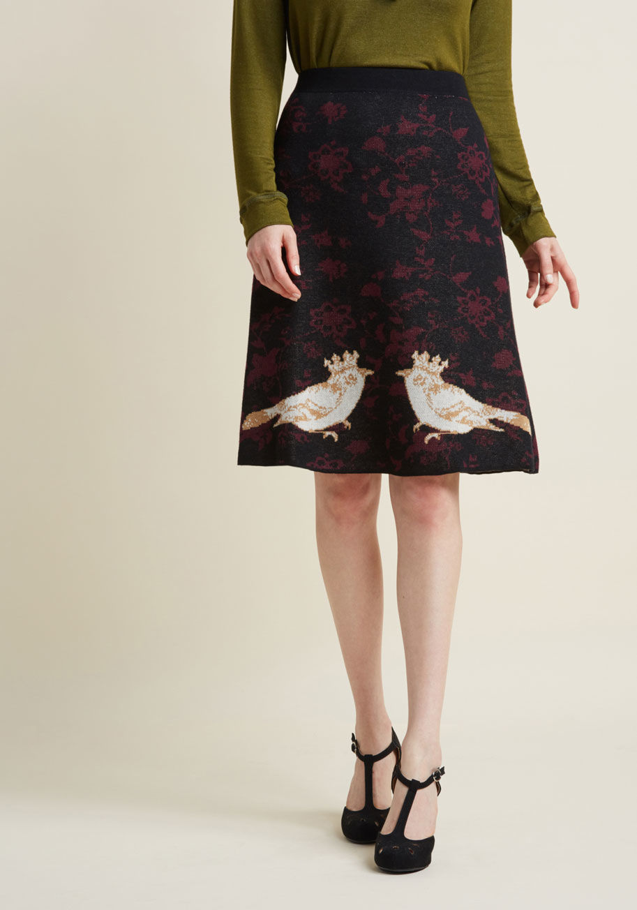 SK03 - Be the queen of cozy and the empress of chic by sporting this sweet sweater skirt! With a ModCloth-exclusive design of baroque-inspired plum flowers and intarsia sparrows bedecked