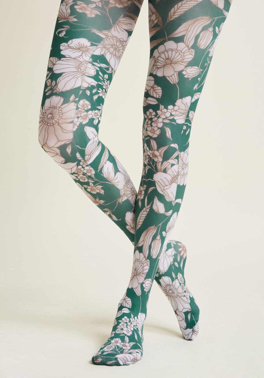 Sketch Floral Tights - Now that these forest green stockings are on your legs, you're ready to proceed with your itinerary as planned! Patterned with white wildflowers outlined