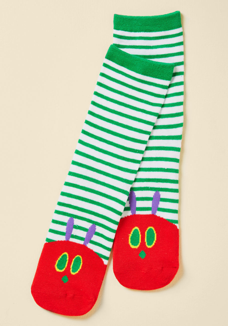 SOCKS-1013 - Hungry for a footwear that offers flavors of quirk and nostalgia? Look no further than these green-and-white striped socks by Out of Print! An homage to the one and only Eric Carle, this red caterpillar-printed pair will satisfy your aforementioned cravin