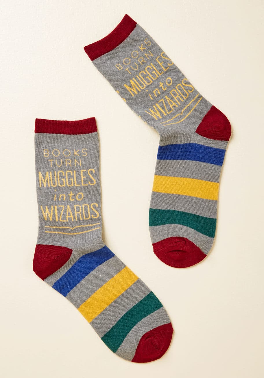 Socks-1020 - A great book needs good company, and these Harry Potter socks from Out of Print are just that! Featuring an inspirational quote, Gryffindor-crimson toe caps and heels, and stripes