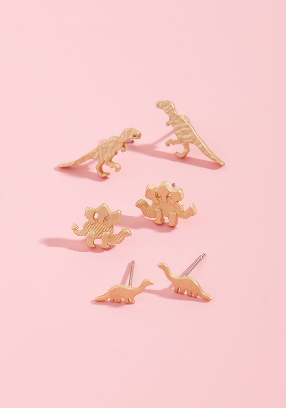 SSE5215 - No outfit is complete without a sprinkling of quirky charm - so let these gold earrings be your go-to finishing touch! Complete with a trio of different dinos, this ModCloth-exclusive set is perfect for mixing, matching, and making the most of doing up yo