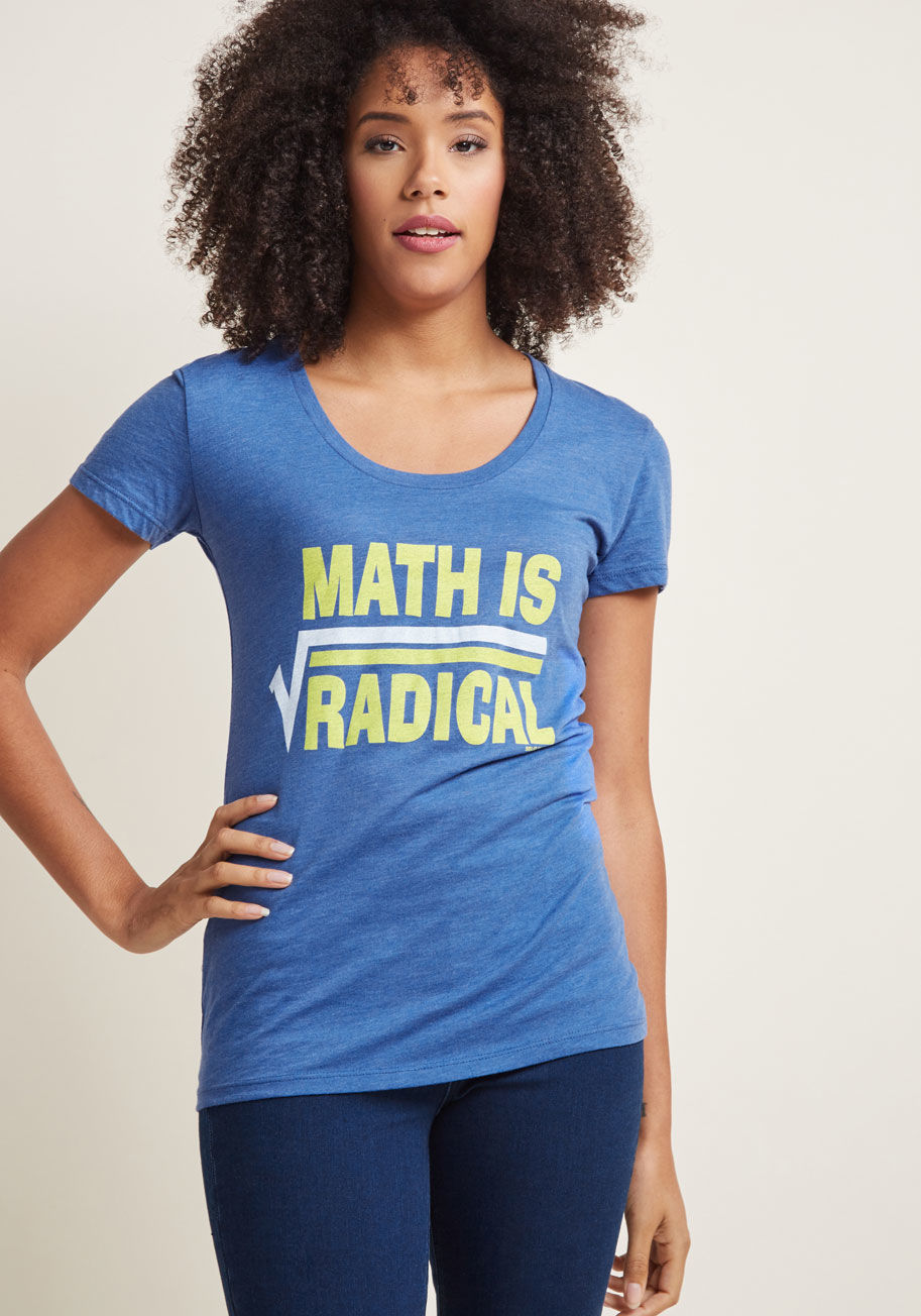 ST251W - You know it's bad to bottle up the truth, so express your love of logarithms with this totally mathematical tee! Heather blue and touting a yellow and white formulaic funny, this V-neck top is the missing variable