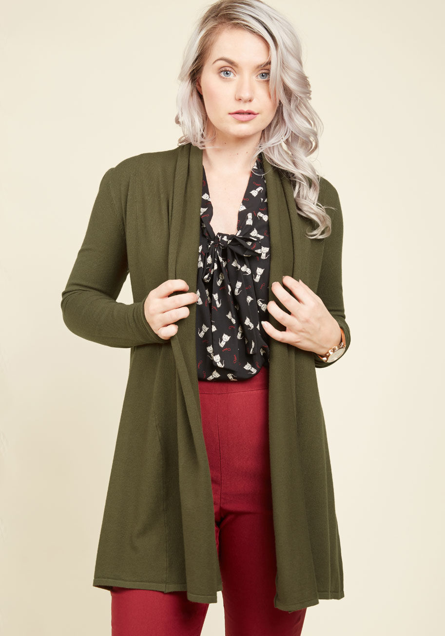 T1622P - Once you feel the fabulous softness of this olive green cardigan, you&rsquo;ll want to keep it near forever! Whether you let its draped front flow open or you hug it closed, this cotton-blend sweater joins you on your most carefree days with versatile sty