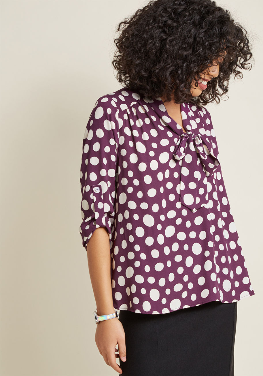 T308-07 - Of all your chic workwear, you feel most fondly for this deep purple blouse - a ModCloth exclusive printed with ivory polka dots