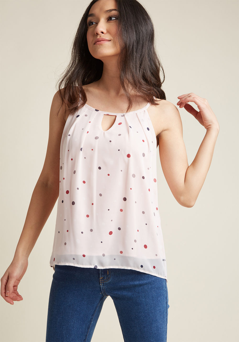 T348-02 - A statement of pure sweetness is one you'll project with every wear of this white tank top! Spaghetti straps frame the delicate neckline pleats and coquettish keyhole of this breezy chiffon number, as its lavender, red, and plum dot pattern inspires you t