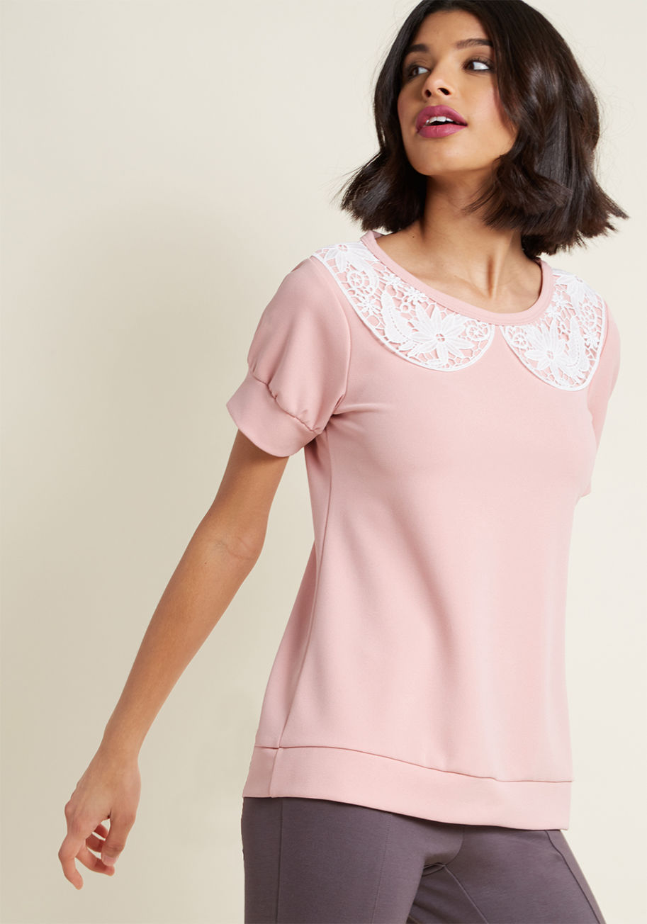 T427 - Before even exchanging salutations, you give a glimpse of your charisma by way of this rose top! A ModCloth exclusive, this darling number employs a sheer lace, bib-style collar