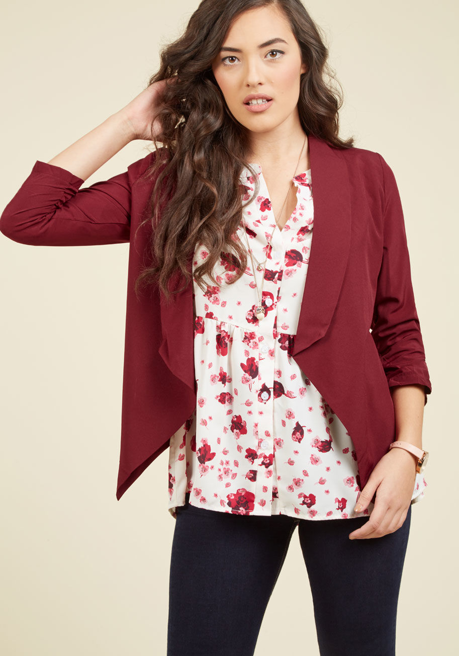 TA7440 - In this burgundy jacket, you look fittingly lively for planning events, designing campaigns, and beyond. The ruched sleeves, open front, and pointed hem of this sheer layer inspire you to lead brainstorm sessions and conference calls with as much ingenuit