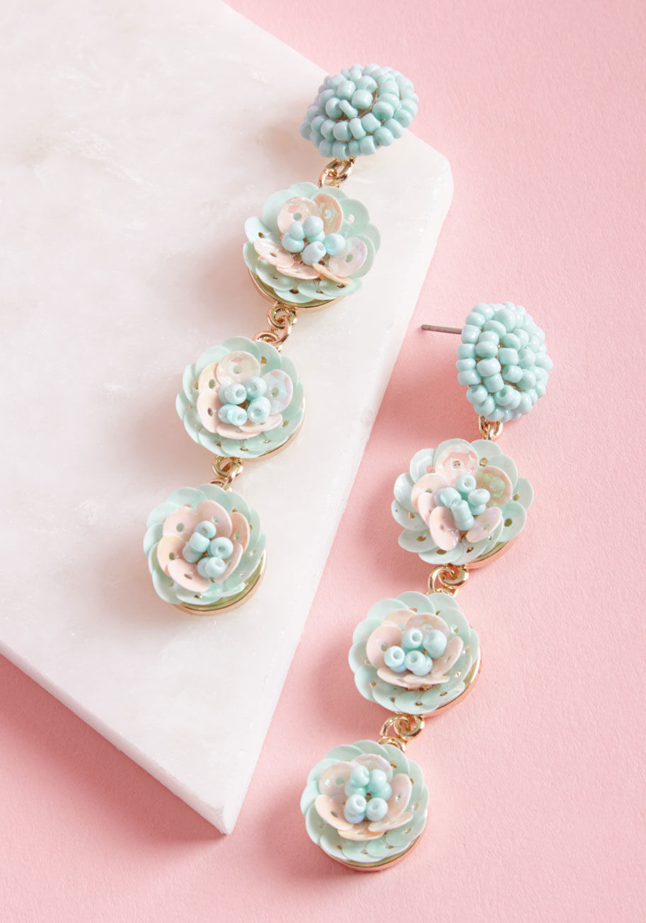 TE1843G-MNT - How do you know your love for florals is true? One indication is that these dangly earrings are the first you reach for on every special occasion! Secured by posts flaunting pastel blue beads and displaying trios of sequin-petaled flowers, these mint-and-