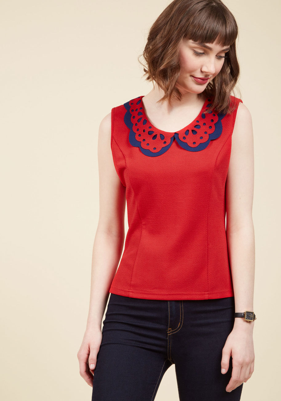 Tp1159 - Pair this red blouse from Banned with skirts, shorts, trousers, skinnies, and more for a stream of looks you're guaranteed to adore! Sleek princess seams and textured fabric set the foundation for this sleeveless top's layered navy and cutout collars to s