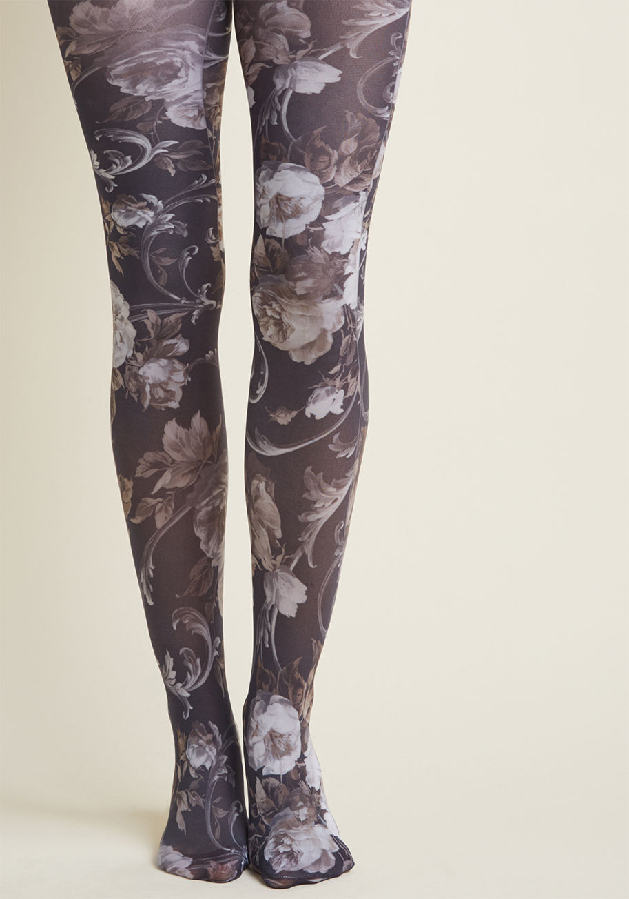 Twilight Printed Tights - We love looking on as our favorite fashionistas find their signature styles and set off to show the world. For you, we're not surprised to hear it's these black tights - patterned with sepia leaves, dark florals, and pale grey flourishes - that bring out 