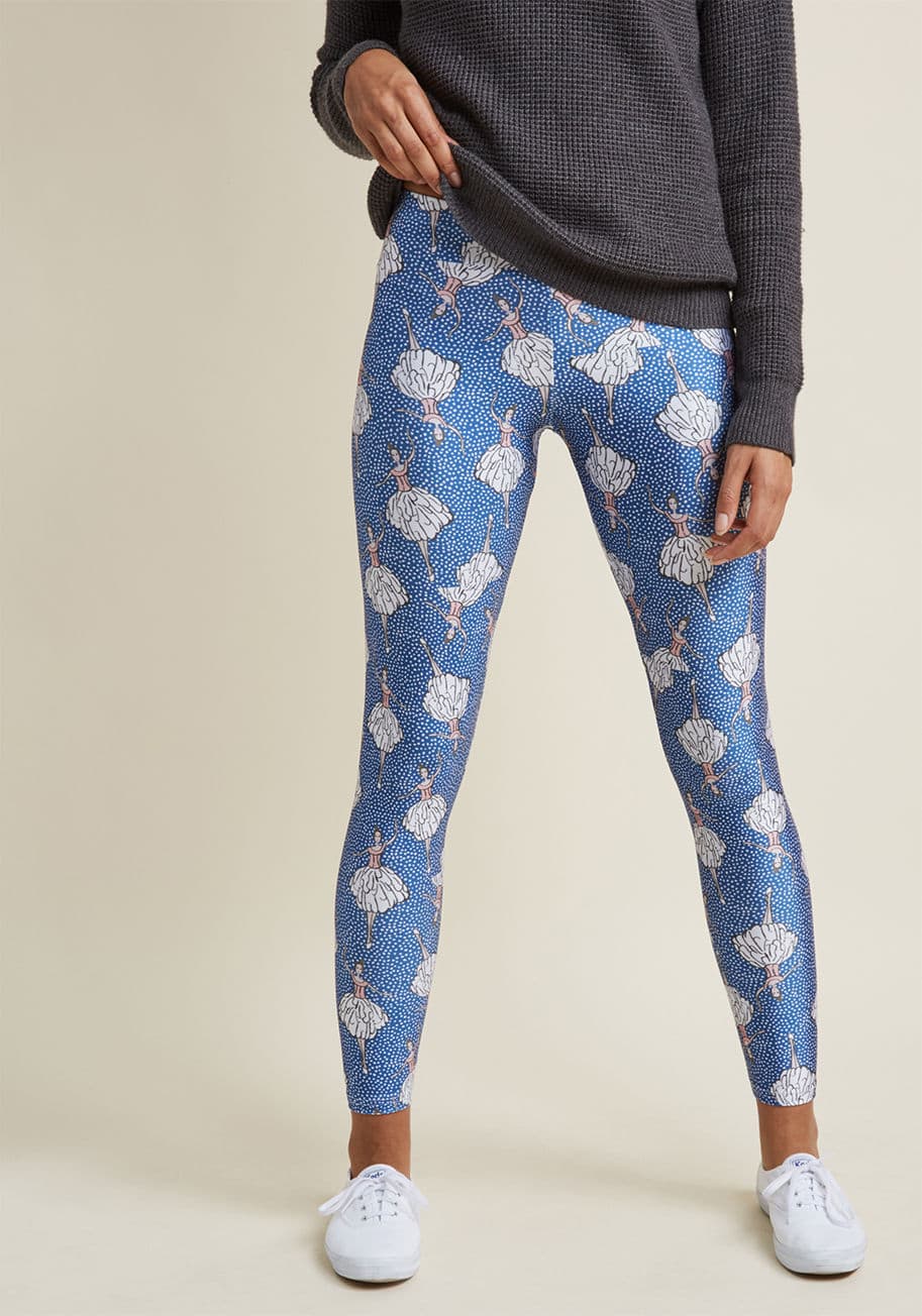 V1506 Ballerina - Though you may be humble when accepting compliments on these blue leggings, do know that you truly rock such a sweet style! A ModCloth-exclusive pattern of graceful ballerinas dance amid the delicate white polka dots and sensational shine of this imaginat