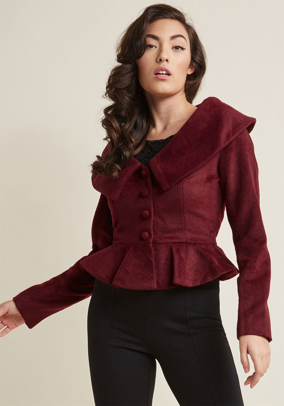 VAW170604A - All the admiration you'll receive from topping your look with this burgundy jacket is certainly earned! Another nostalgic piece from Collectif, this cropped number is sure to catch everyone's attention with its wide neckline, statement lapels, delicate bu