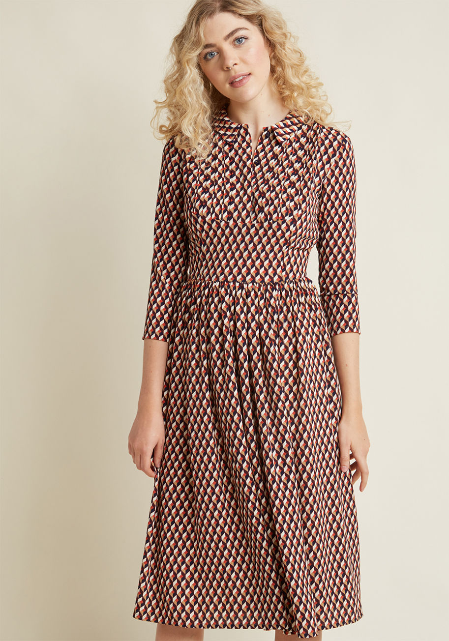 VIVDR - With an important pitch on the agenda, you employ this retro midi dress for additional confidence. This frock's concealed placket framed by pintucks, deep pockets, and geometric print