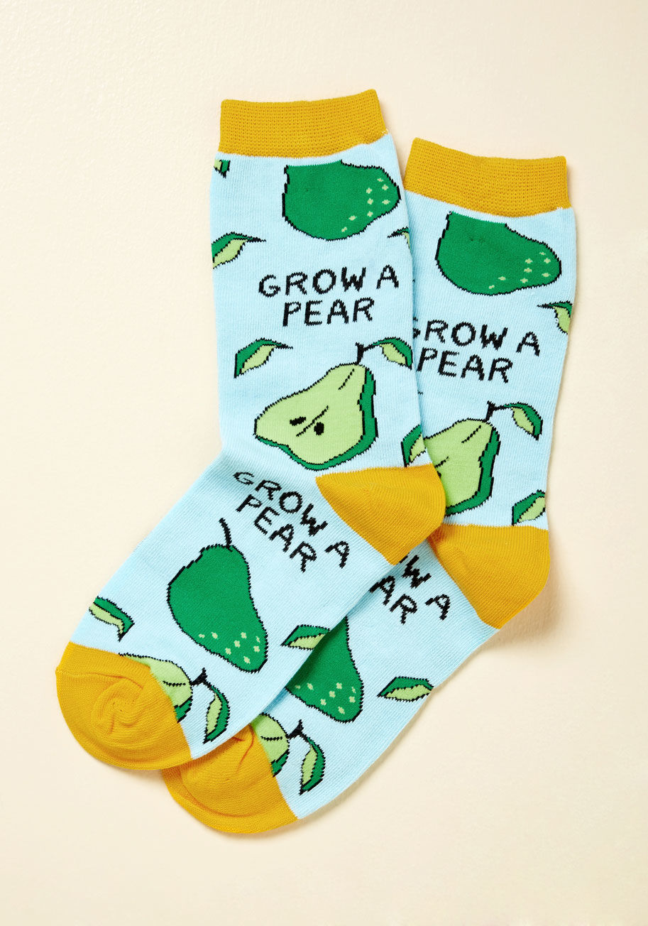 WD7003C - Looking to add some sass to your sock drawer? Then these sky blue socks are for you! Featuring mustard yellow toe and heel caps, a brassy quip, and a plump green pear design, these crews will bring silly style to your favorite ensembles.