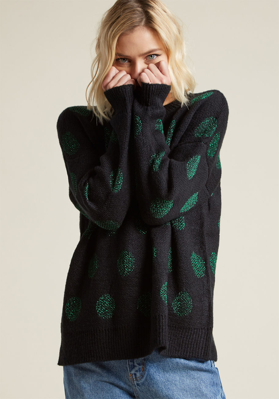 WI17MAC08 - Styling up this black sweater from Compania Fantastica will have you singing 'la dee dotty'! Quite the playful layering piece, this cozy jumper gets a kick of quirk with its green dots crafted from shiny metallic threads. What a fun way to translate your 