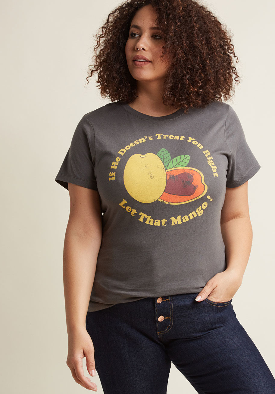 WTE0227-502CHR - Now, here's a 'tropical' graphic T-shirt to get the conversation going! This grey cotton top flaunts a distressed orange screen print addressing your independence and empowerment with humor. Cheers to that!