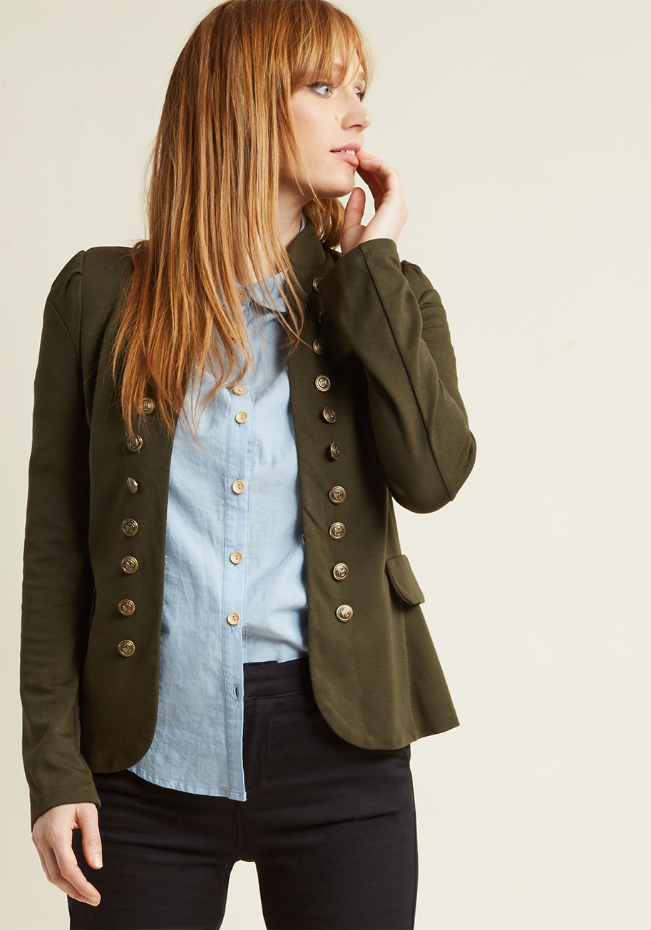 YL17464 - Need a pinch? Wearing this tailored, olive green blazer totally feels like a dream! Graced with a chic stand-up collar and rows of gold, military-inspired button accents, this knit layer is almost too cute to be true!