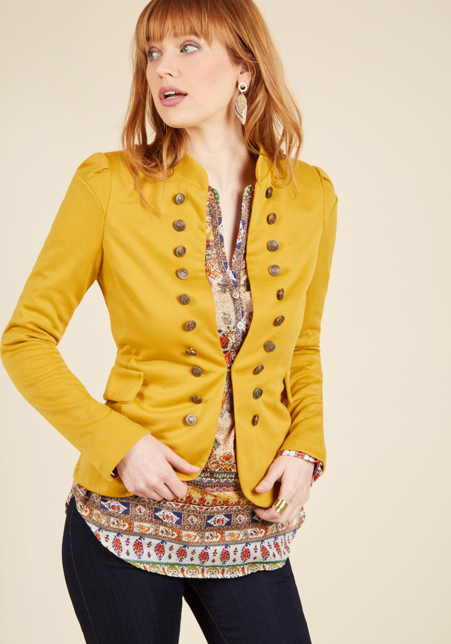 YL17464mod - Need a pinch? Wearing this tailored, mustard blazer totally feels like a dream! Graced with a chic stand-up collar and rows of gold, military-inspired button accents, this ModCloth-exclusive knit layer is almost too cool to be true!