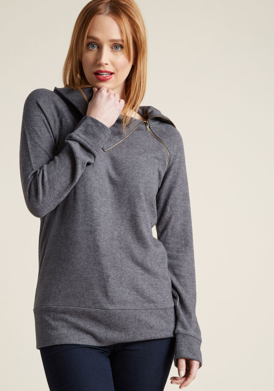 Z6002 - Cozy as can be - that&rsquo;s how you feel every time you slip into this ModCloth-exclusive sweater! Its charcoal hue can be worn anywhere, however you just love to sport its ultra-soft fabric, asymmetrical zipper, and foldover neckline by the fire with a