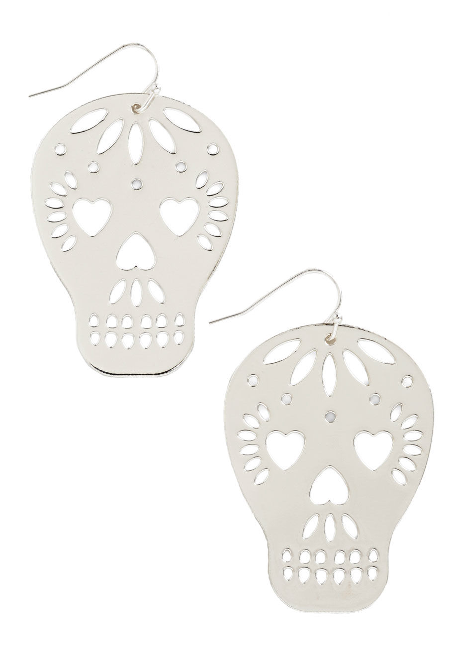 ZME14443 - Your friends will adore these skull earrings so much, they won&rsquo;t know which detail to compliment first! Made from silver lead-free metal, these danglers feature decorative cutout designs, including three hearts that form the skull&rsquo;s eyes and n