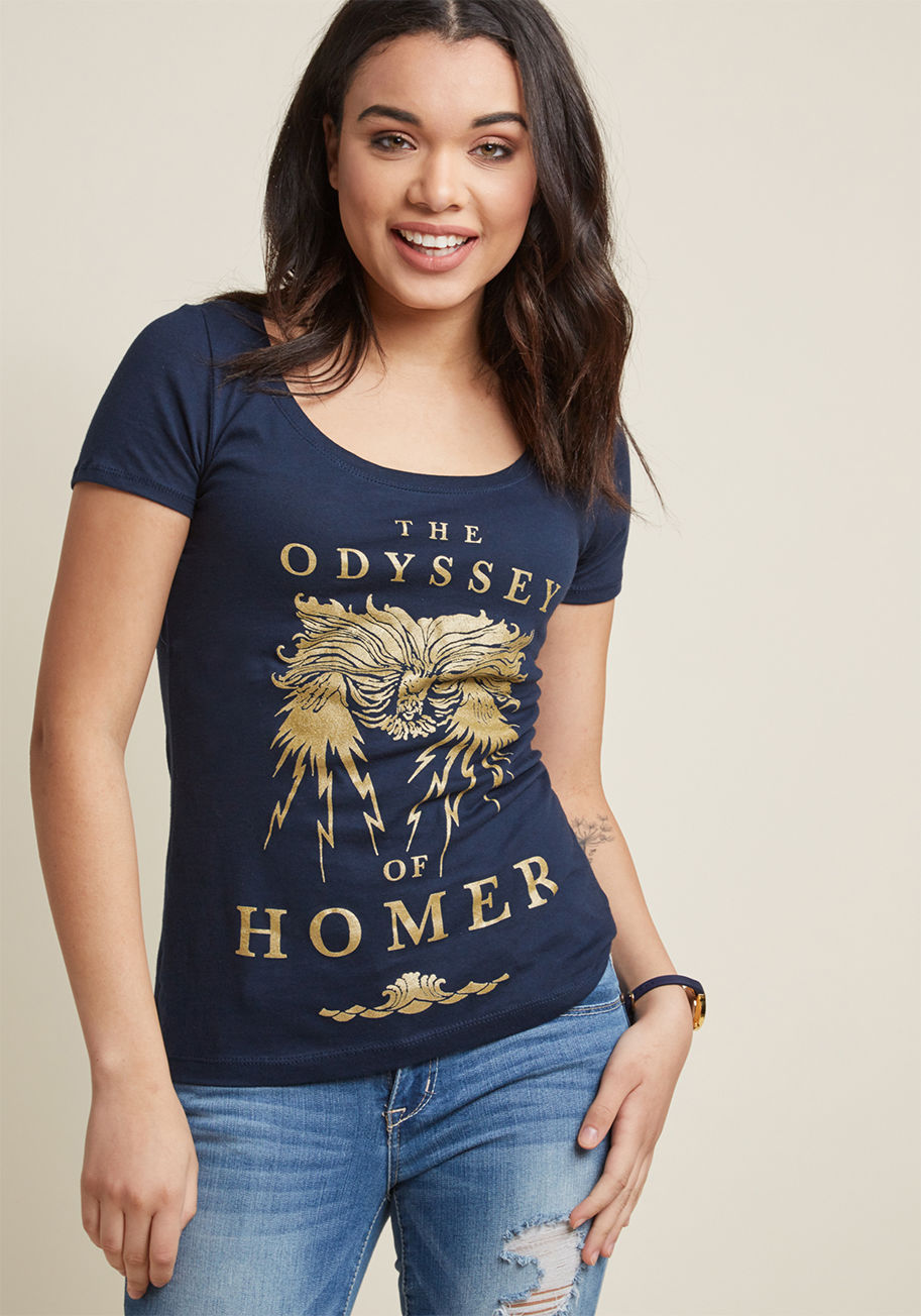 ZZ-MOD-1002 - Bring your love of literature to your wardrobe with this navy tee by Out of Print! Crafted from cotton, this scoop-neck tee features a snug fit and a metallic gold representation of Homer's 'The Odyssey'. Righteous!